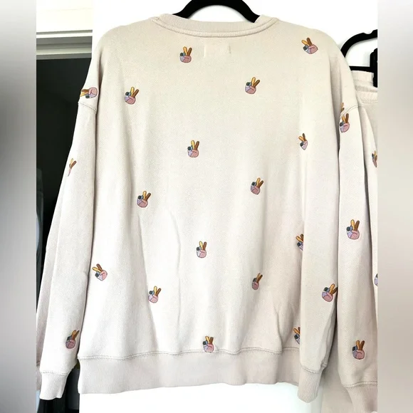 Lou & Grey Cotton Beige Embroidered Peace Sign Matching Sweatshirt and Pant Set - Picture 5 of 9